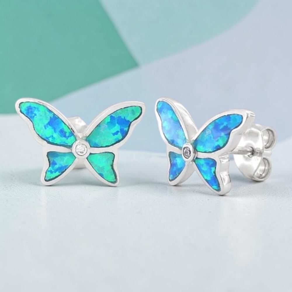 Butterfly Blue Opal CZ Sterling Silver Earrings
